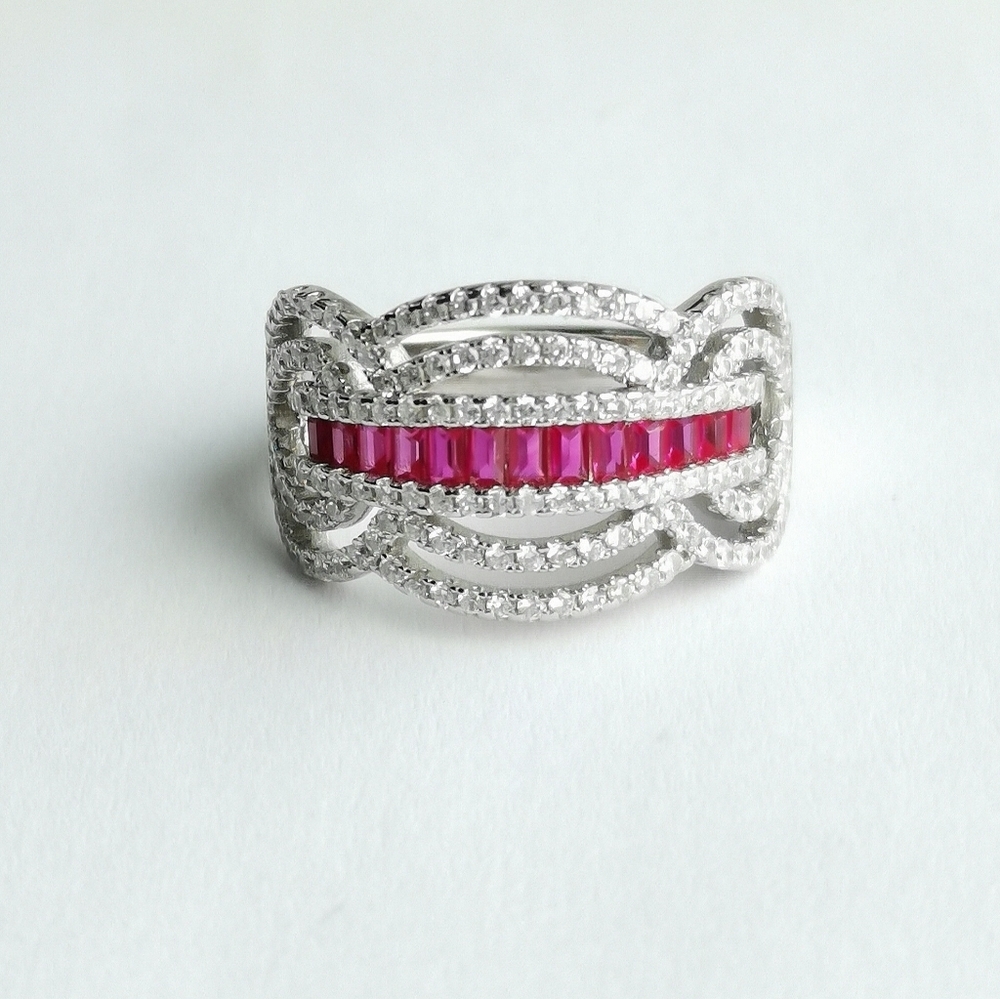 Art Deco Cocktail Ring White Sapphire and Ruby in Sterling Silver